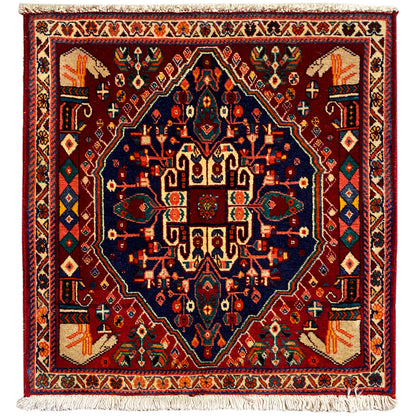 Poshti rug 64x64 cm, square, burgundy with a blue ornament, fringe