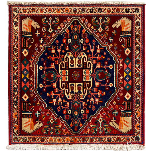 Poshti rug 64x64 cm, square, burgundy with a blue ornament, fringe