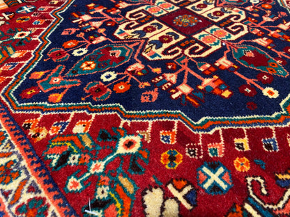 Poshti rug 64x64 cm, close-up of ornamental fields in dark blue, burgundy red and turquoise