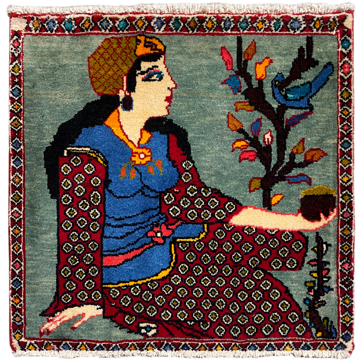 Poshti rug 68x63 cm with figure, tree motif and multicolored border, fringes