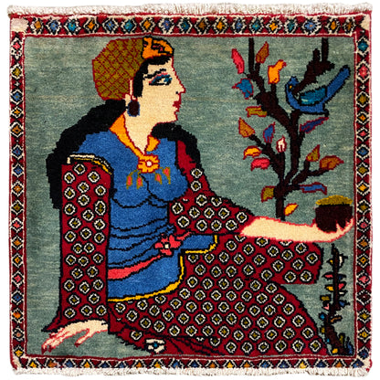 Poshti rug 68x63 cm with figure, tree motif and multicolored border, fringes