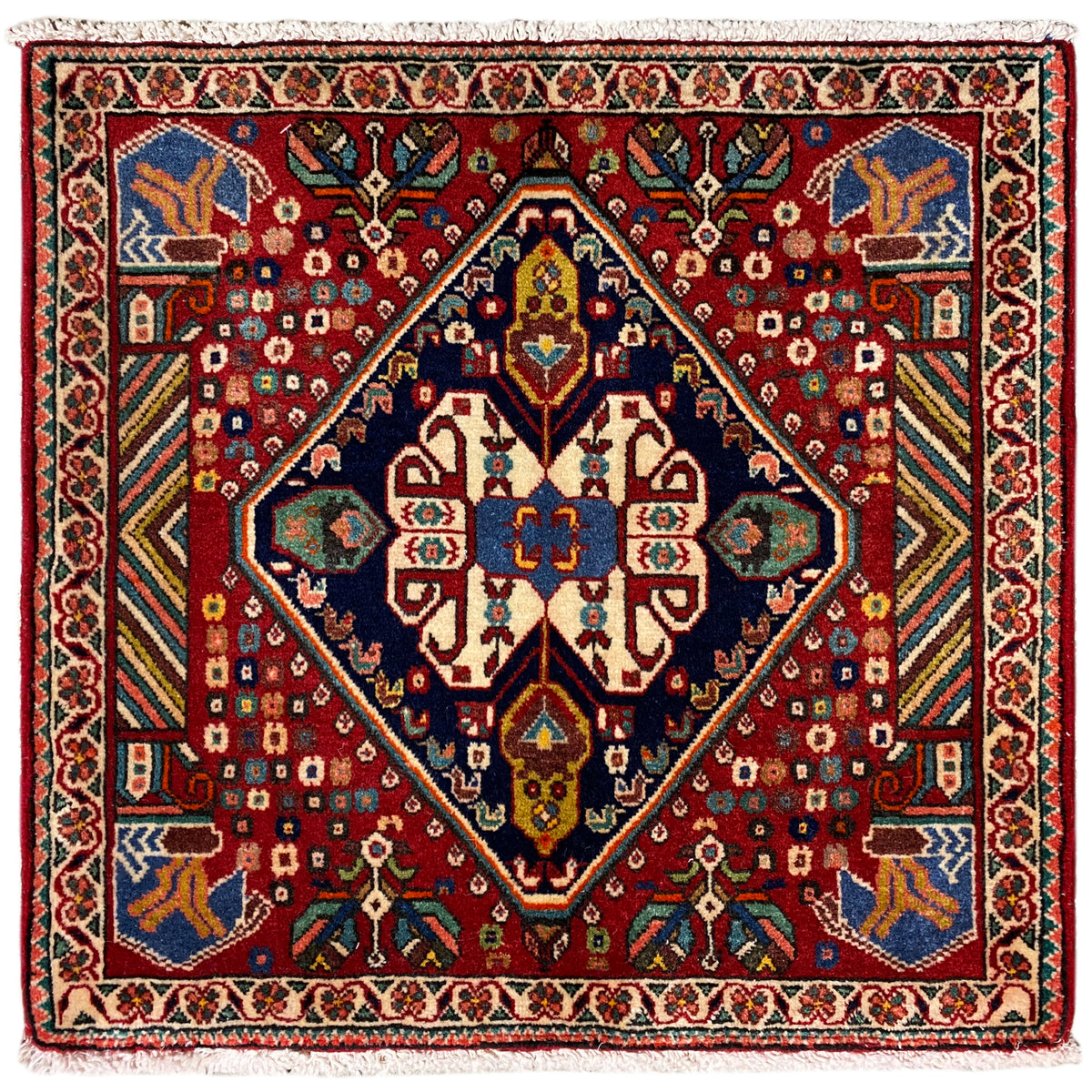 Poshti rug 66x62 cm: red rug with a multicolored medallion pattern