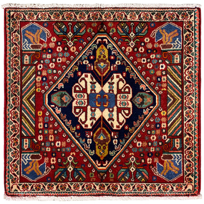 Poshti rug 66x62 cm: red rug with a multicolored medallion pattern