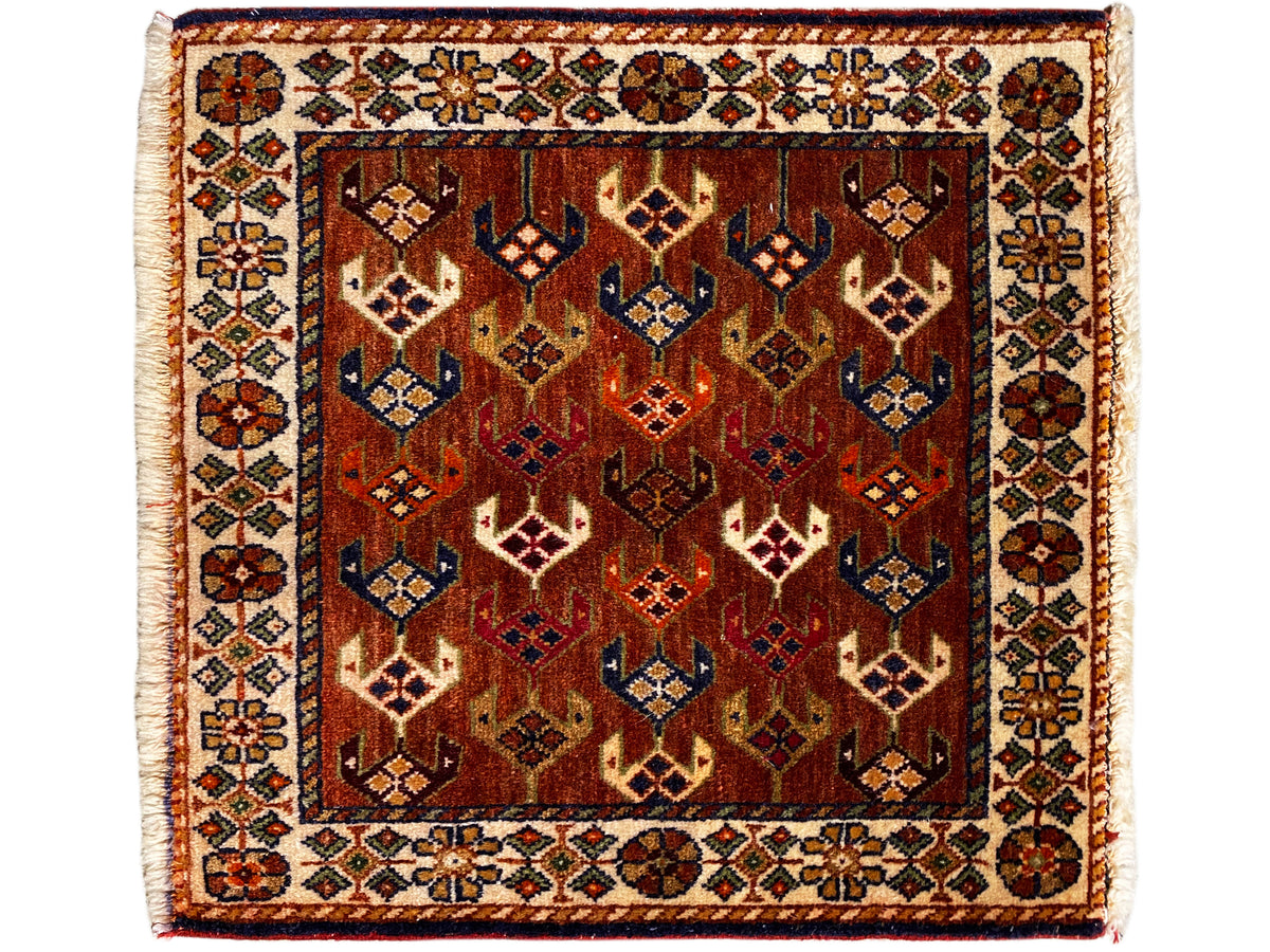 Poshti rug 60x55 cm square, geometric ornaments in reddish brown, blue, and cream