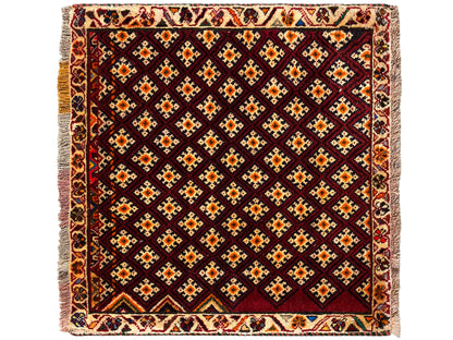Poshti rug 61x59 cm: square, geometric diamond pattern in dark red with colorful accents