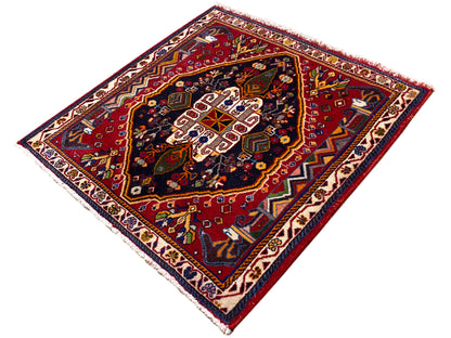 Poshti rug (67×67 cm), diagonal: reddish-brown border, blue field with ornaments