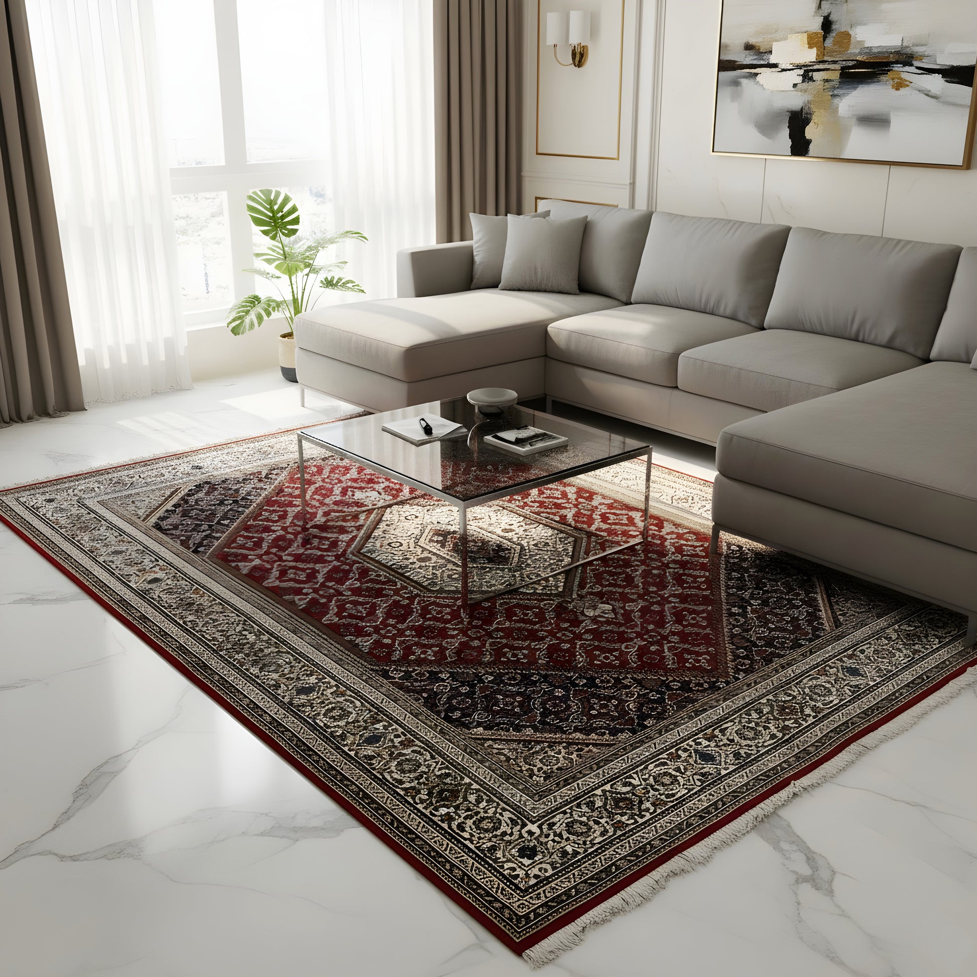 Wohnzimmer Klassischer roter Bidjar Perserteppich mit floralen Ornamenten und Medaillon