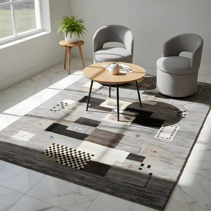 Wohnzimmer Handgeknüpfter Gabbeh Teppich in Grau mit Patchwork Muster