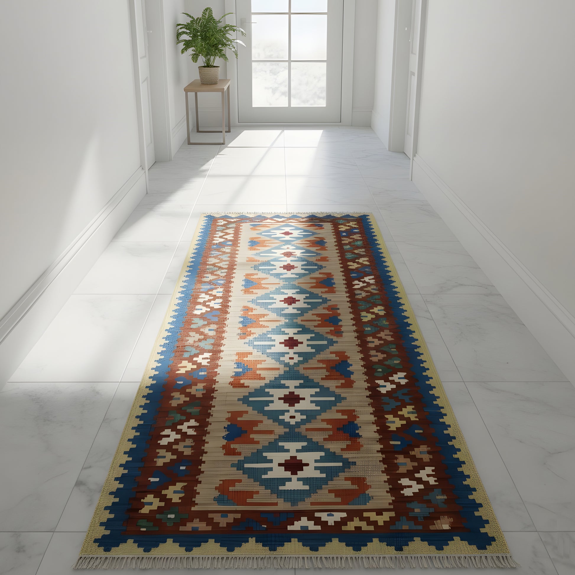 Wohnzimmer Qashqai Kelim Läufer aus Naturwolle mit geometrischem Diamantmuster