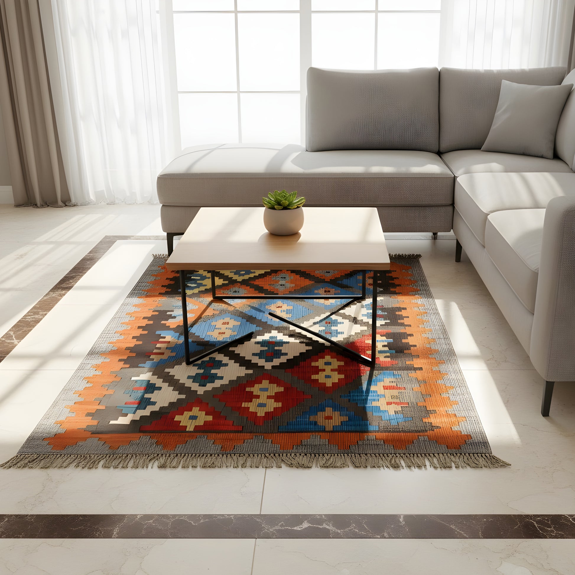 Wohnzimmer Kelim Qashqai Teppich aus Naturwolle, geometrisches Design in Grau und Orange