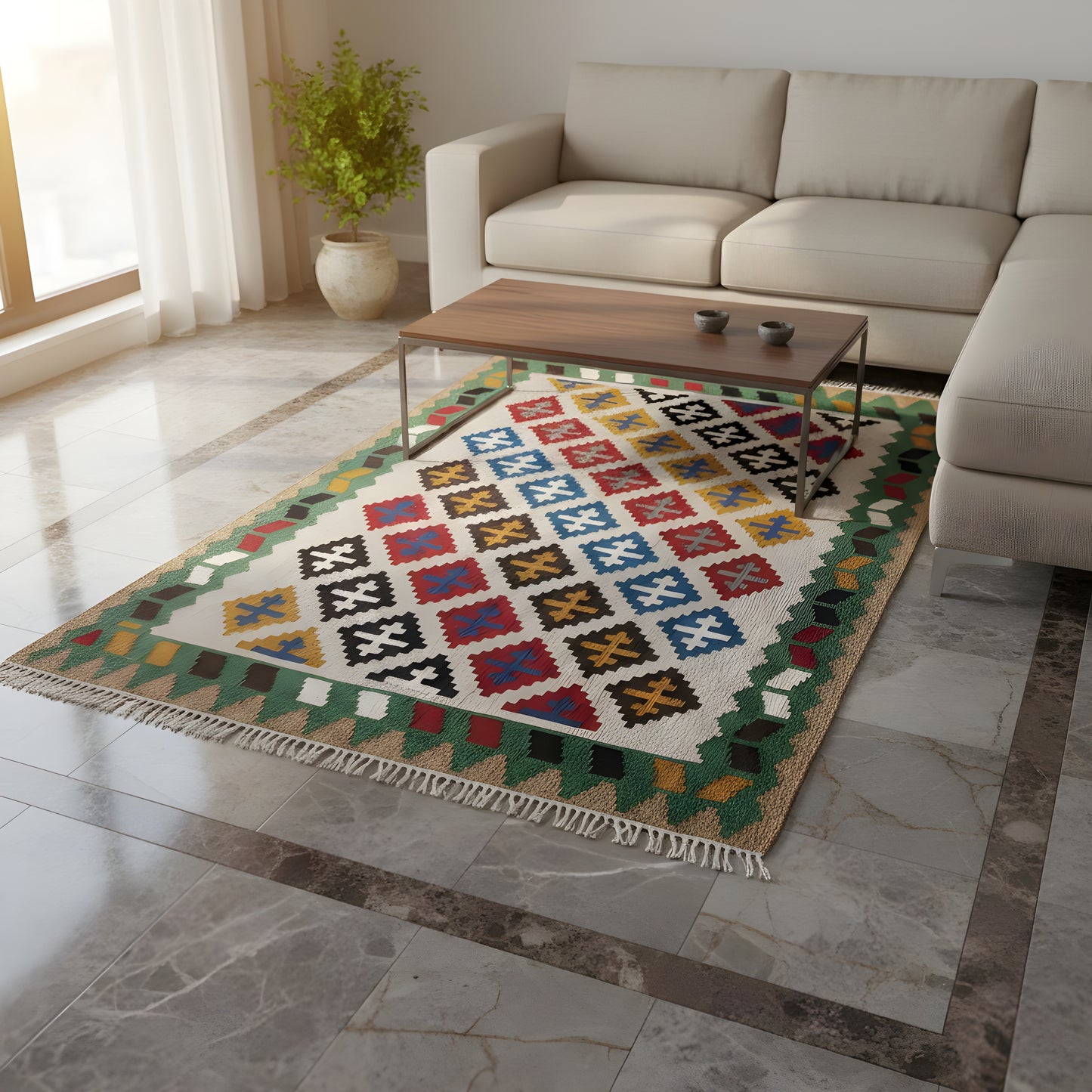 Wohnzimmer Kelim Qashqai Wollteppich aus Naturwolle mit geometrischem Muster