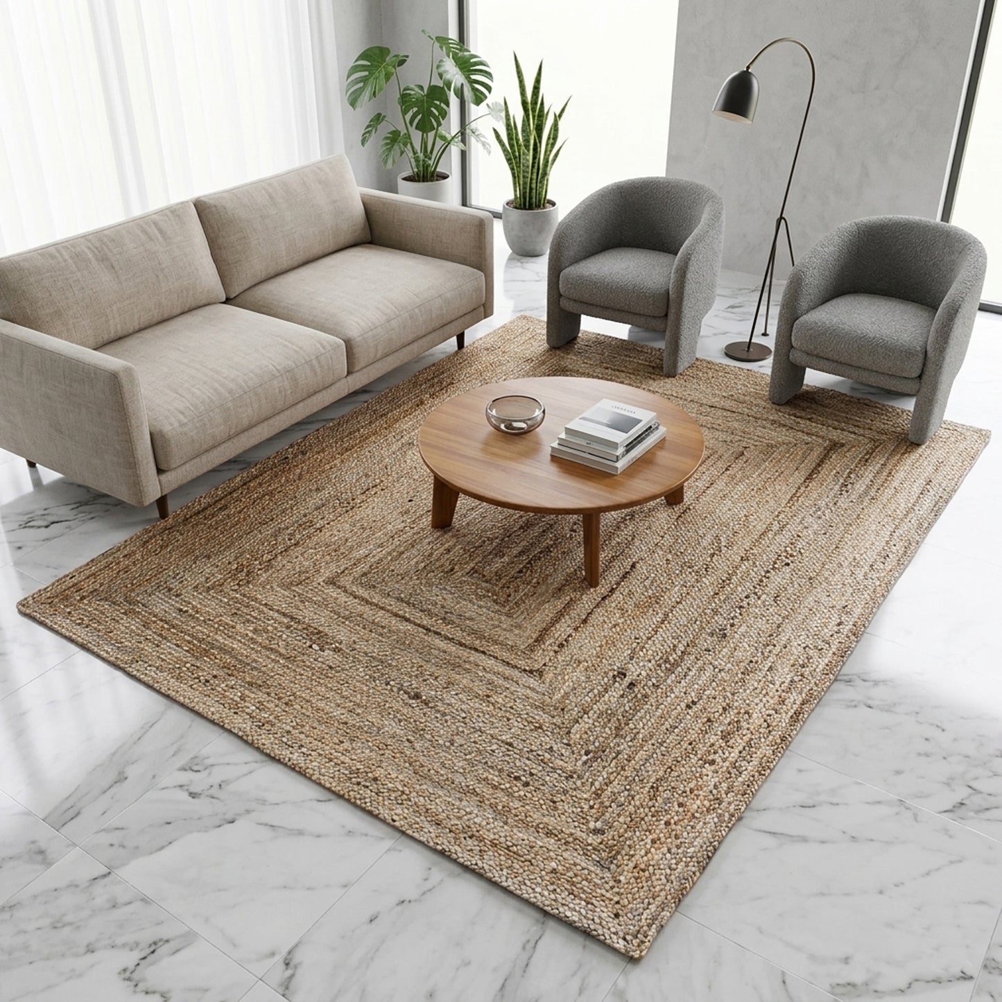 Wohnzimmer-Natural jute carpet minimalist boho style rectangular rug