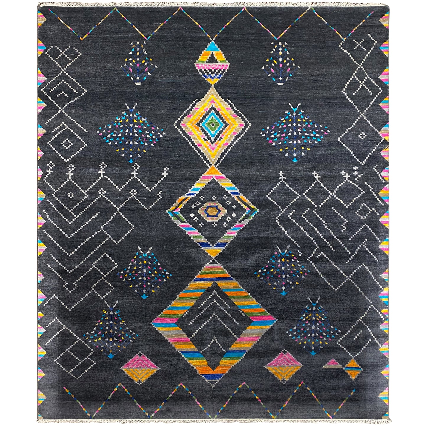 Handgeknüpfter schwarzer Designer Teppich mit buntem geometrischem Muster