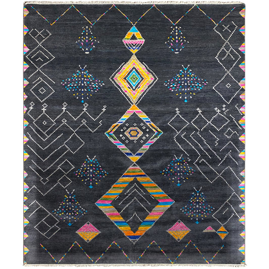 Handgeknüpfter schwarzer Designer Teppich mit buntem geometrischem Muster