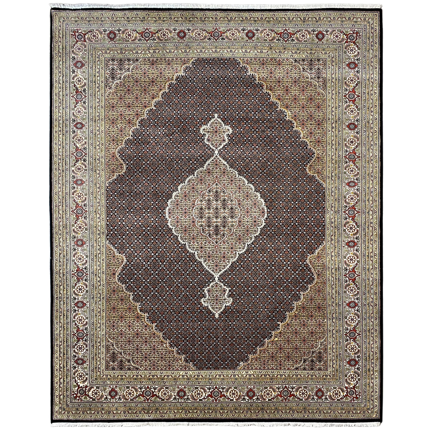 Indo Tabriz Teppich handgeknüpft aus Wolle und Seide in Braun und Beige 348x253 cm