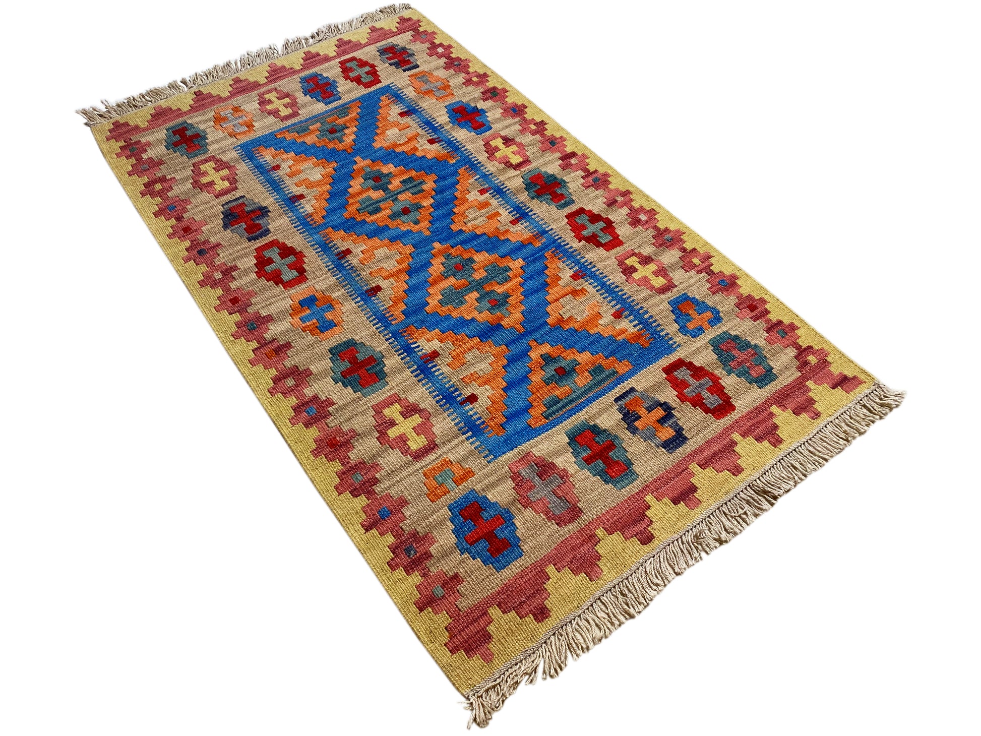 Qashqai Kelim Teppich beige, traditionelles Muster in Blau, Orange und Rot