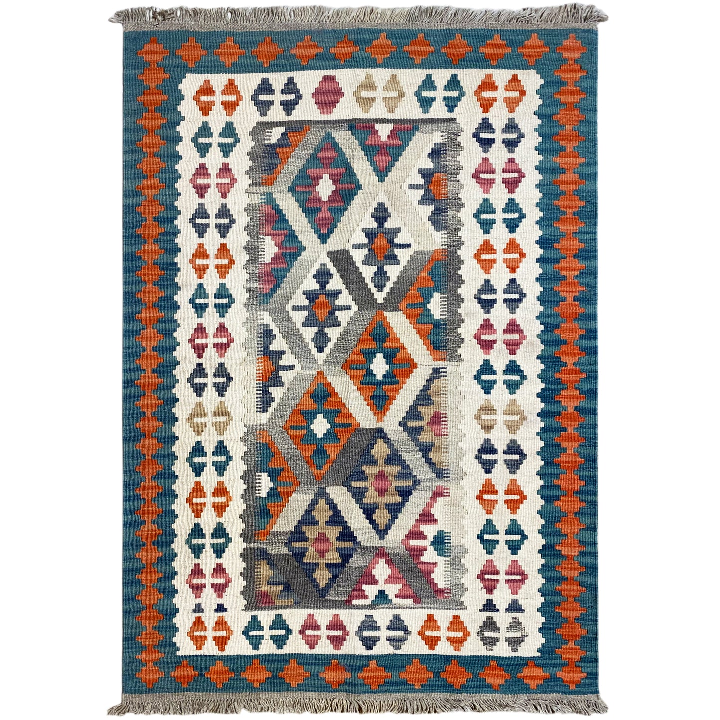 Handgewebter Kelim Qashqai Teppich in Blau, 152x104 cm aus Naturwolle