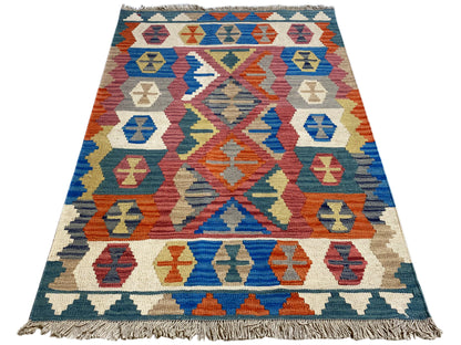 Boho Kelim Teppich handgewebt, Blau Rot Beige Design
