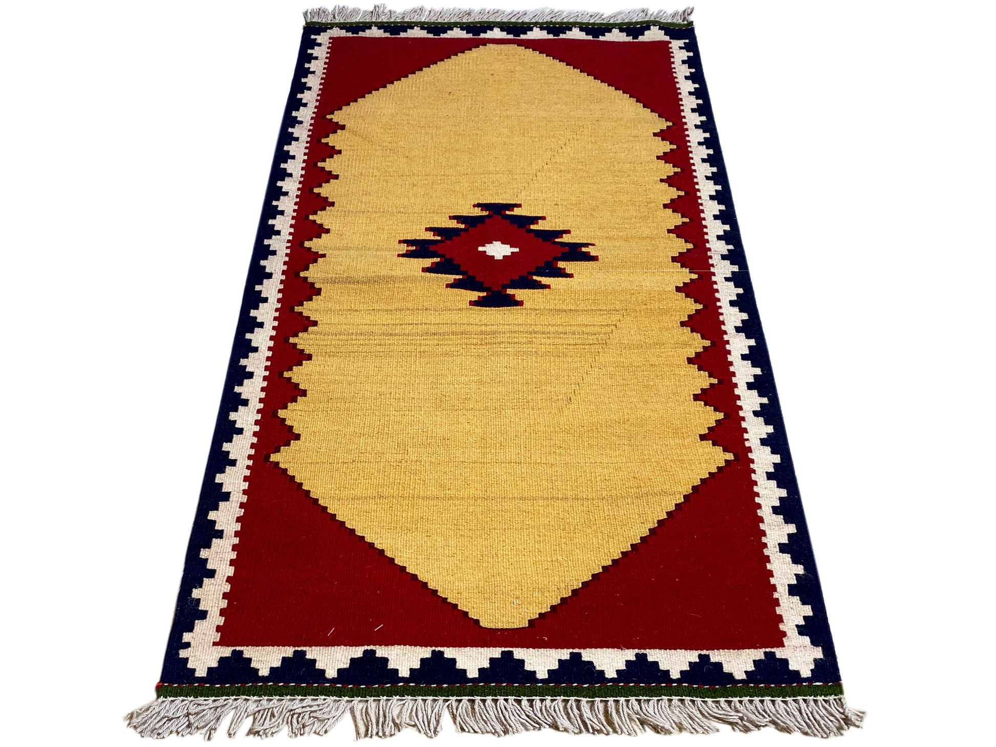 Boho Kelim Teppich rot-beige mit geometrischem Muster handgewebt