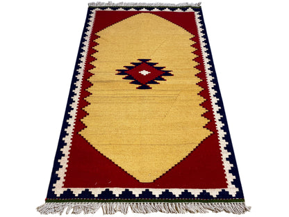 Boho Kelim Teppich rot-beige mit geometrischem Muster handgewebt