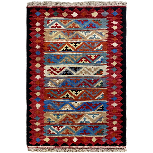 Kelim Qashqai Teppich rot 156x100 cm handgewebt aus Naturwolle mit Streifenmuster