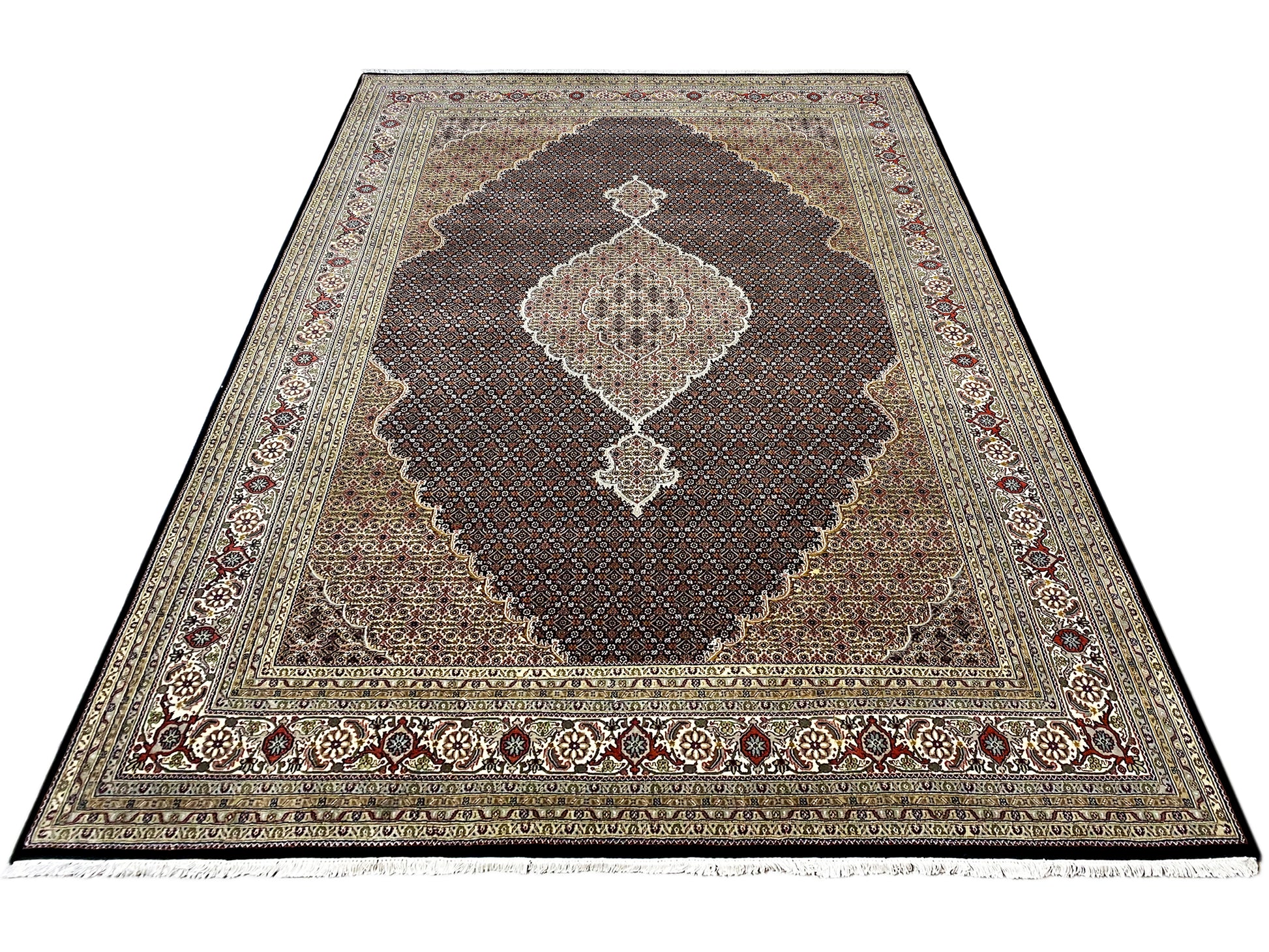 Handgeknüpfter Teppich Indo Tabriz aus Wolle Seide mit feinen floralen Ornamenten