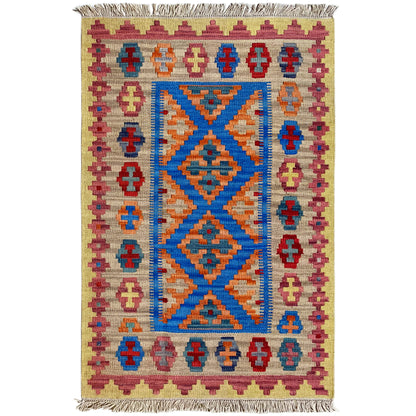 Handgewebter Qashqai Kelim Teppich beige mit blauem X-Muster 142x84 cm