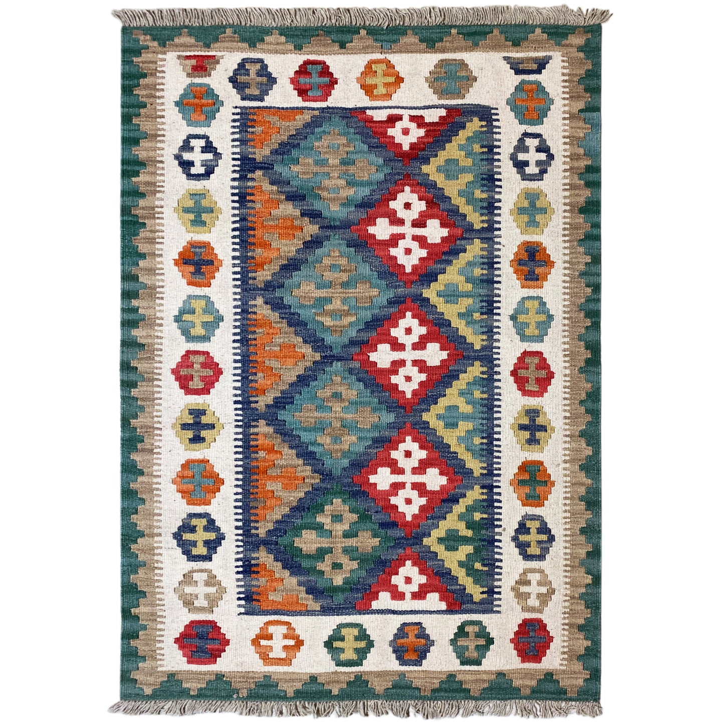 Handgewebter Qashqai Kelim Teppich in Grün und Natur, 150x101 cm