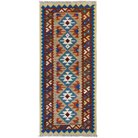 Handgewebter Kelim Qashqai Teppich blau-beige 203x84 cm Läufer