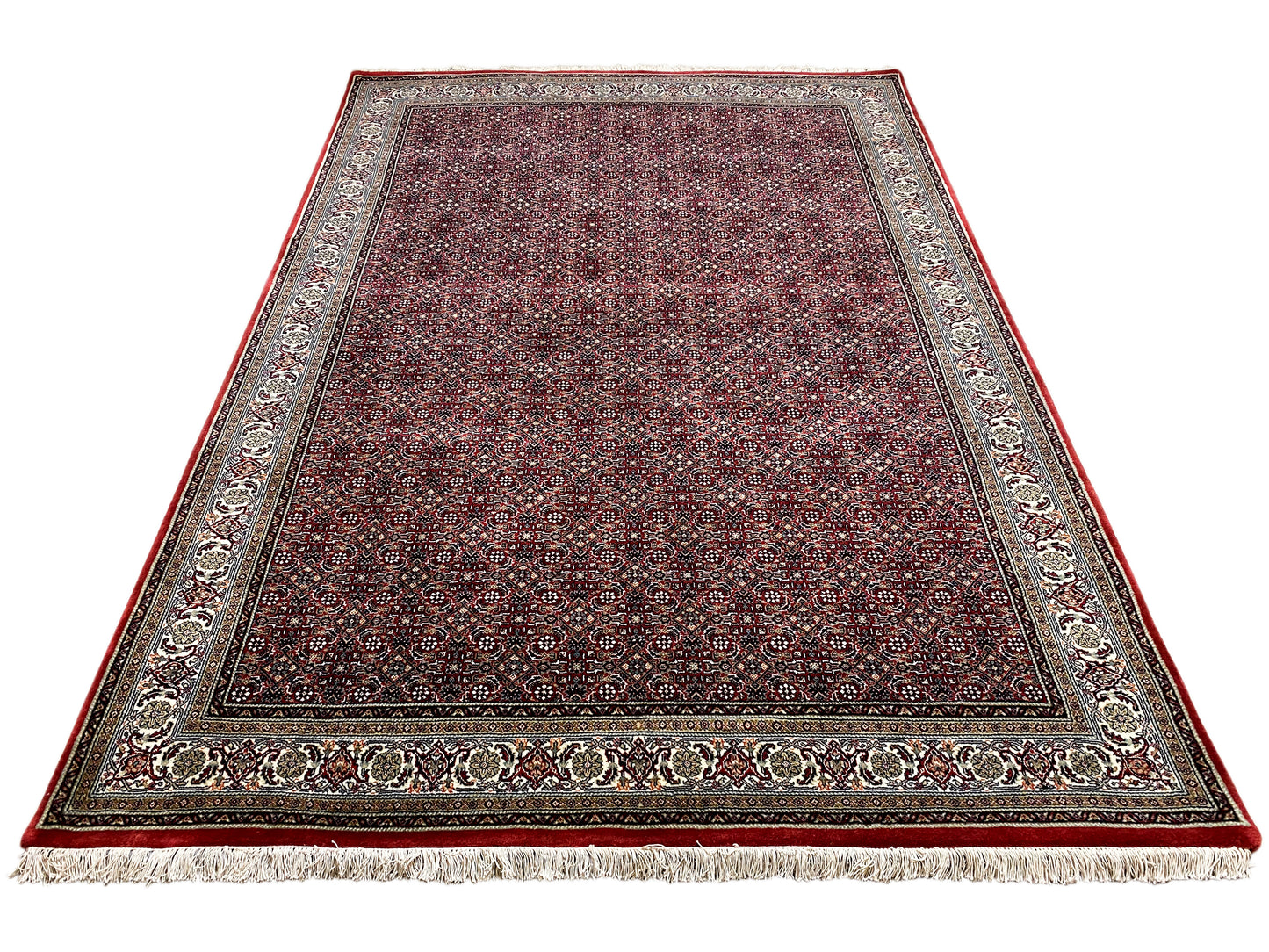 Roter und cremefarbener Perserteppich mit Allover-Geometrie