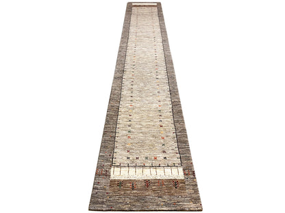 Schmaler Gabbeh Teppichläufer Beige/Grau, handgeknüpft, weiche Naturwolle